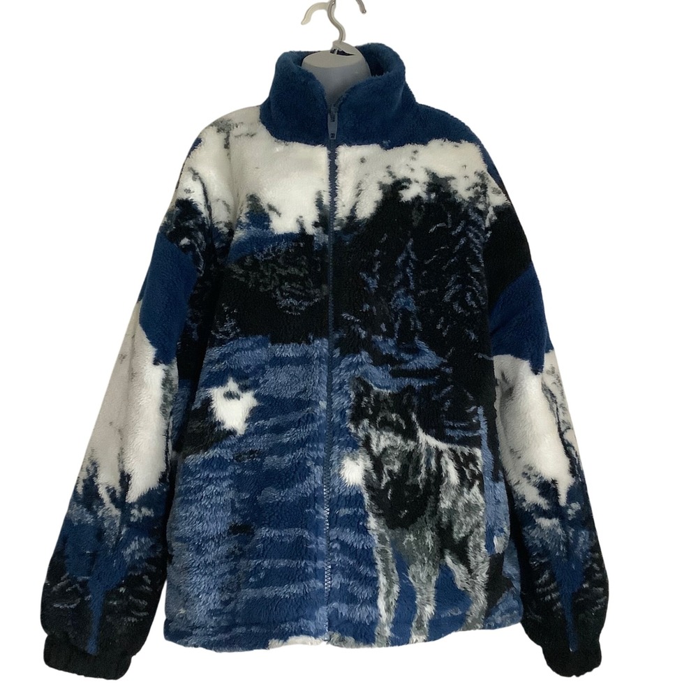 Zara Men Wolf Landscape Fleece Jacket Blue White Black Sherpa Full Zip Large